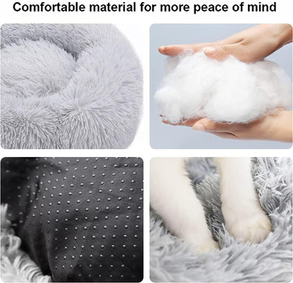 Fluffy Calming Cat Beds for Indoor Cats - Washable Round Dog Beds for Small Medium Dogs, Anti Anxiety Plush Faux Fur Pet Bed