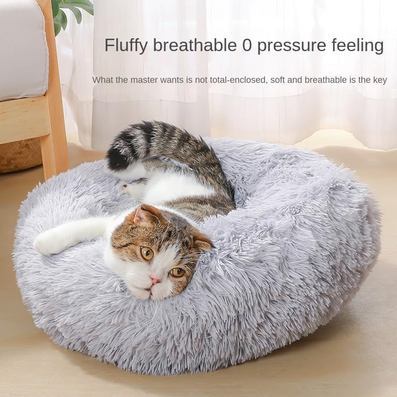 Fluffy Calming Cat Beds for Indoor Cats - Washable Round Dog Beds for Small Medium Dogs, Anti Anxiety Plush Faux Fur Pet Bed