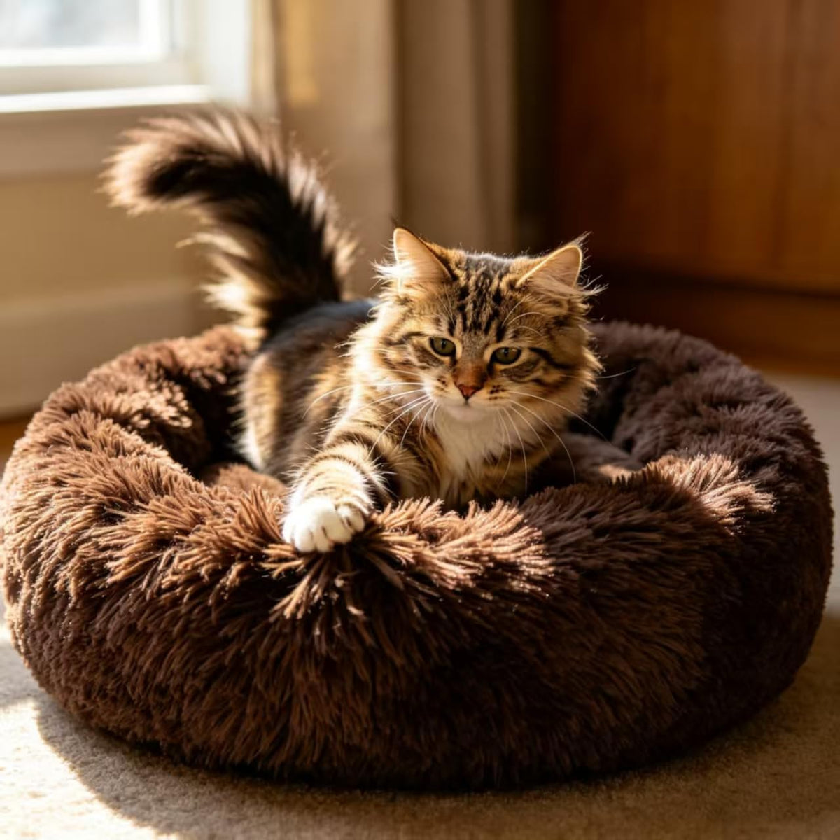 Fluffy Calming Cat Beds for Indoor Cats - Washable Round Dog Beds for Small Medium Dogs, Anti Anxiety Plush Faux Fur Pet Bed