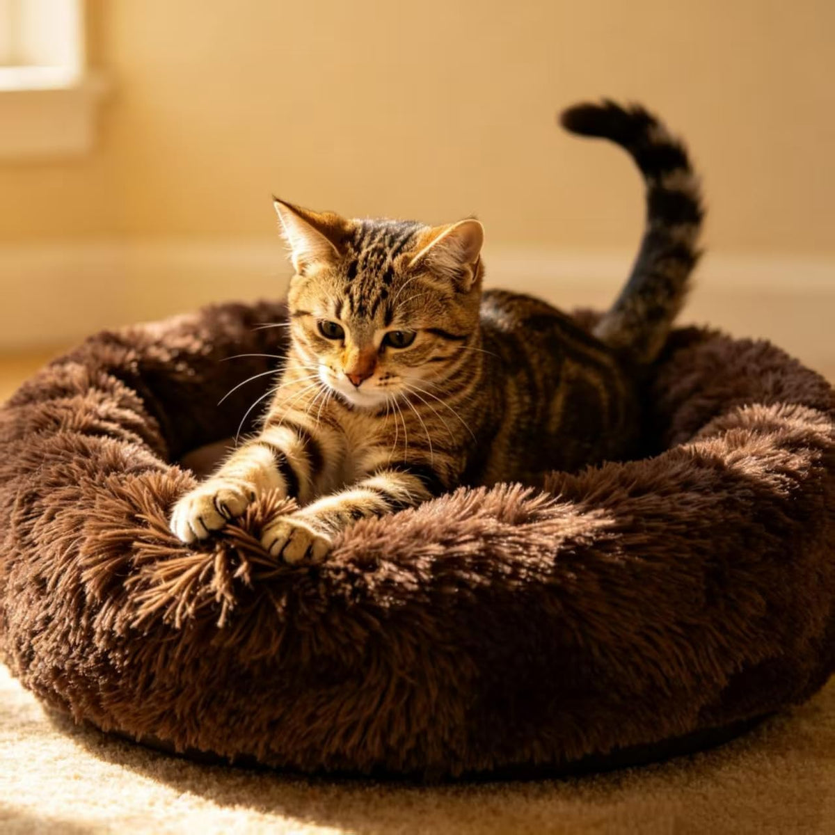 Fluffy Calming Cat Beds for Indoor Cats - Washable Round Dog Beds for Small Medium Dogs, Anti Anxiety Plush Faux Fur Pet Bed