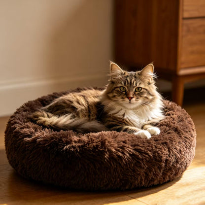 Fluffy Calming Cat Beds for Indoor Cats - Washable Round Dog Beds for Small Medium Dogs, Anti Anxiety Plush Faux Fur Pet Bed
