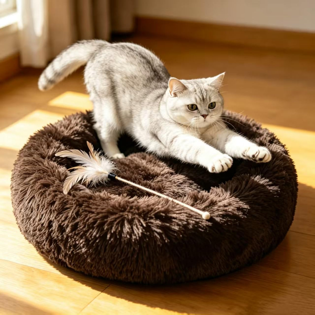 Fluffy Calming Cat Beds for Indoor Cats - Washable Round Dog Beds for Small Medium Dogs, Anti Anxiety Plush Faux Fur Pet Bed