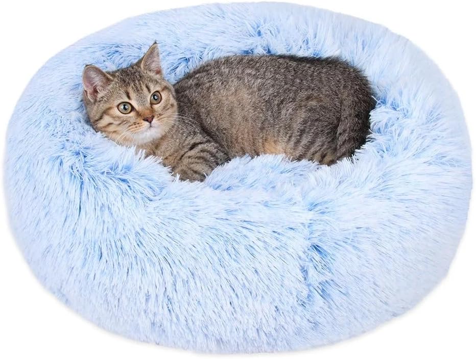 Fluffy Calming Cat Beds for Indoor Cats - Washable Round Dog Beds for Small Medium Dogs, Anti Anxiety Plush Faux Fur Pet Bed