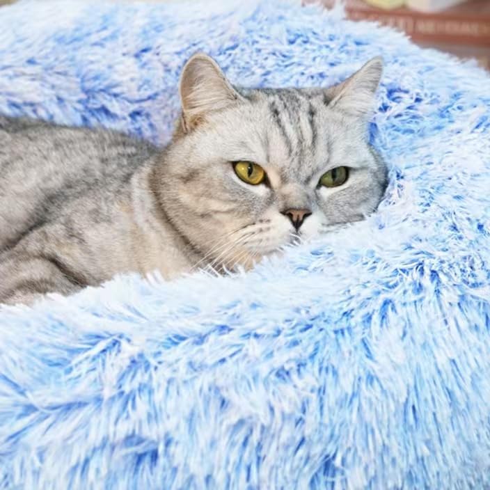 Fluffy Calming Cat Beds for Indoor Cats - Washable Round Dog Beds for Small Medium Dogs, Anti Anxiety Plush Faux Fur Pet Bed