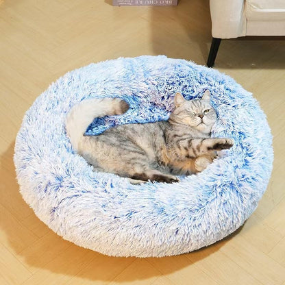 Fluffy Calming Cat Beds for Indoor Cats - Washable Round Dog Beds for Small Medium Dogs, Anti Anxiety Plush Faux Fur Pet Bed
