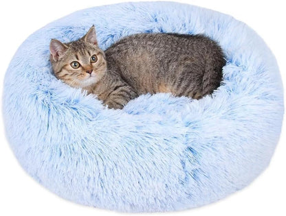 Fluffy Calming Cat Beds for Indoor Cats - Washable Round Dog Beds for Small Medium Dogs, Anti Anxiety Plush Faux Fur Pet Bed