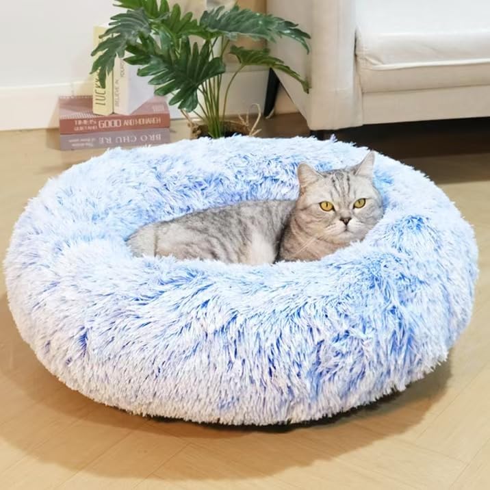 Fluffy Calming Cat Beds for Indoor Cats - Washable Round Dog Beds for Small Medium Dogs, Anti Anxiety Plush Faux Fur Pet Bed