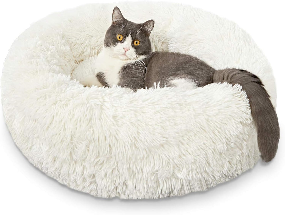 Fluffy Calming Cat Beds for Indoor Cats - Washable Round Dog Beds for Small Medium Dogs, Anti Anxiety Plush Faux Fur Pet Bed