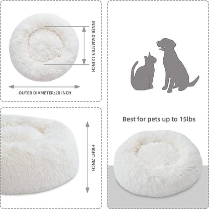 Fluffy Calming Cat Beds for Indoor Cats - Washable Round Dog Beds for Small Medium Dogs, Anti Anxiety Plush Faux Fur Pet Bed