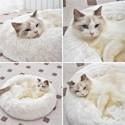Fluffy Calming Cat Beds for Indoor Cats - Washable Round Dog Beds for Small Medium Dogs, Anti Anxiety Plush Faux Fur Pet Bed