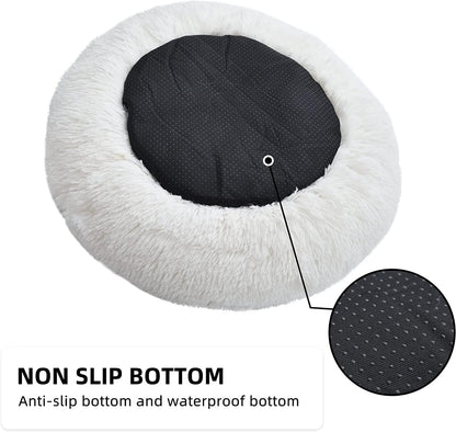 Fluffy Calming Cat Beds for Indoor Cats - Washable Round Dog Beds for Small Medium Dogs, Anti Anxiety Plush Faux Fur Pet Bed