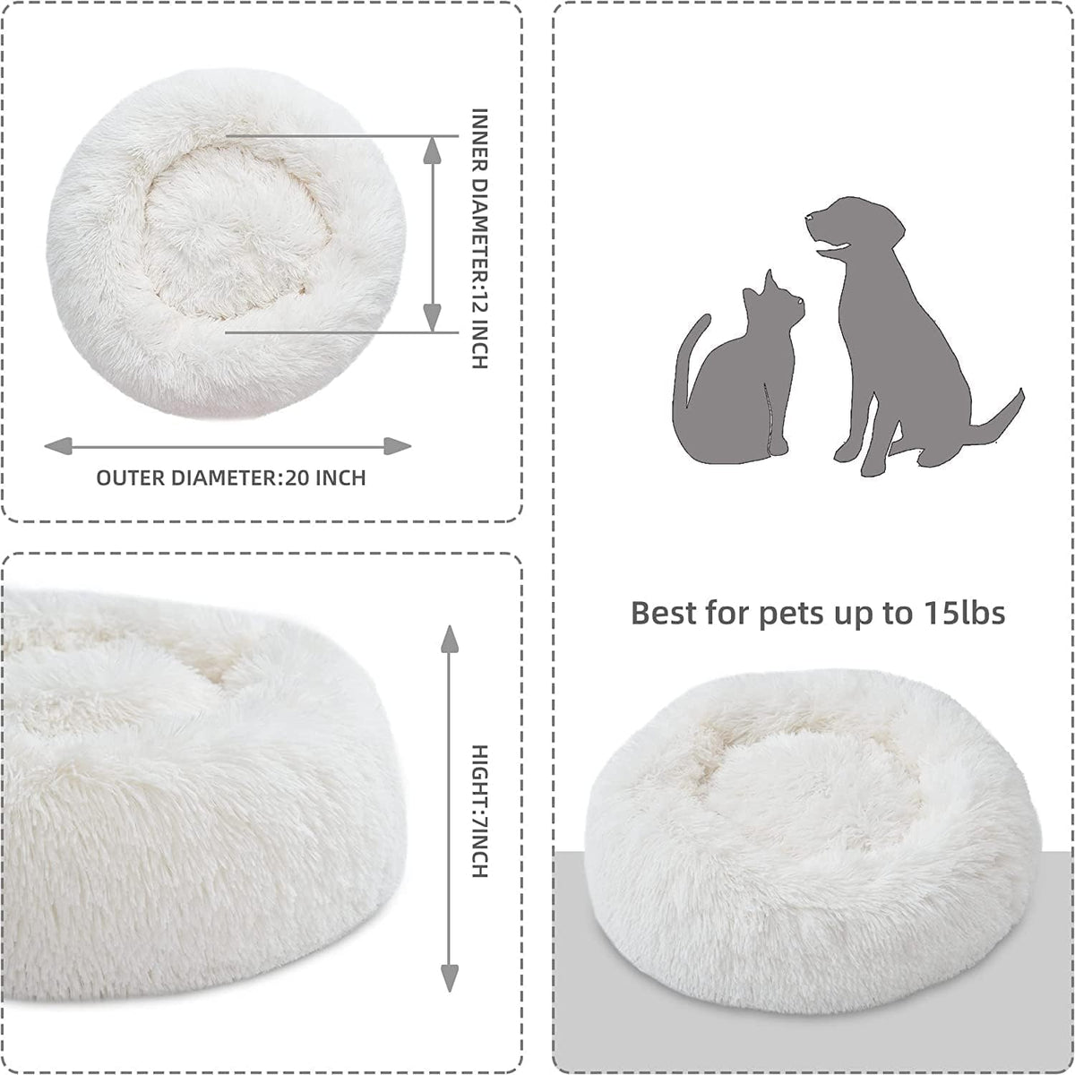 Fluffy Calming Cat Beds for Indoor Cats - Washable Round Dog Beds for Small Medium Dogs, Anti Anxiety Plush Faux Fur Pet Bed