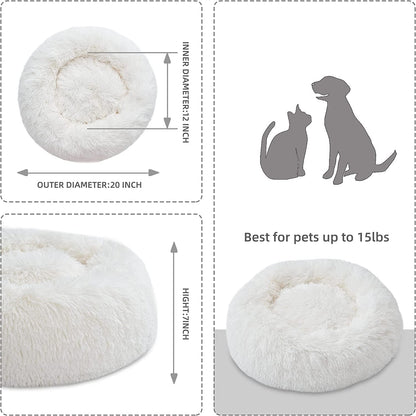 Fluffy Calming Cat Beds for Indoor Cats - Washable Round Dog Beds for Small Medium Dogs, Anti Anxiety Plush Faux Fur Pet Bed