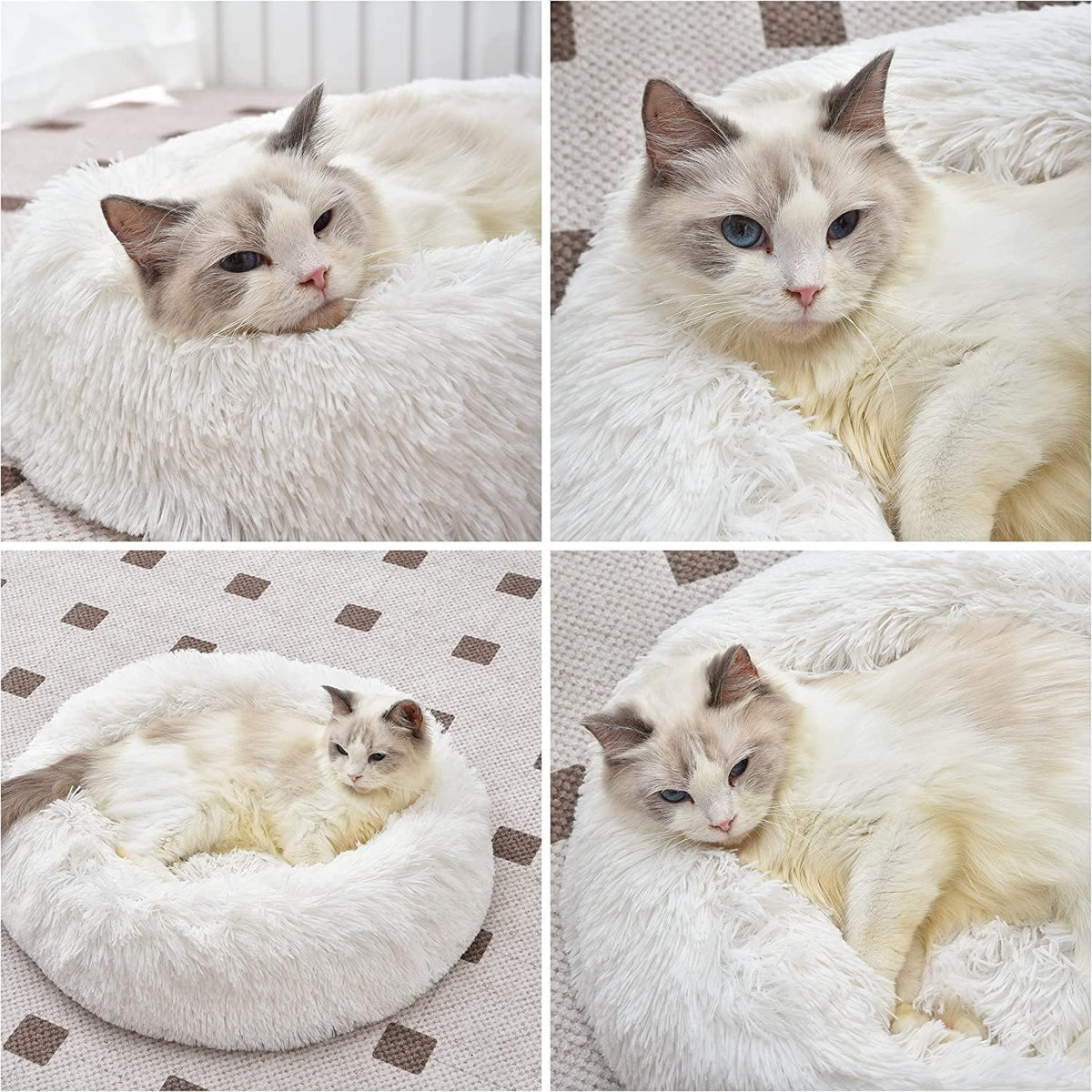 Fluffy Calming Cat Beds for Indoor Cats - Washable Round Dog Beds for Small Medium Dogs, Anti Anxiety Plush Faux Fur Pet Bed