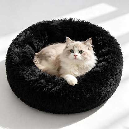 Fluffy Calming Cat Beds for Indoor Cats - Washable Round Dog Beds for Small Medium Dogs, Anti Anxiety Plush Faux Fur Pet Bed