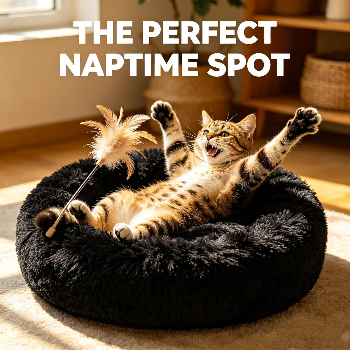 Fluffy Calming Cat Beds for Indoor Cats - Washable Round Dog Beds for Small Medium Dogs, Anti Anxiety Plush Faux Fur Pet Bed