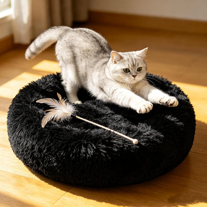 Fluffy Calming Cat Beds for Indoor Cats - Washable Round Dog Beds for Small Medium Dogs, Anti Anxiety Plush Faux Fur Pet Bed