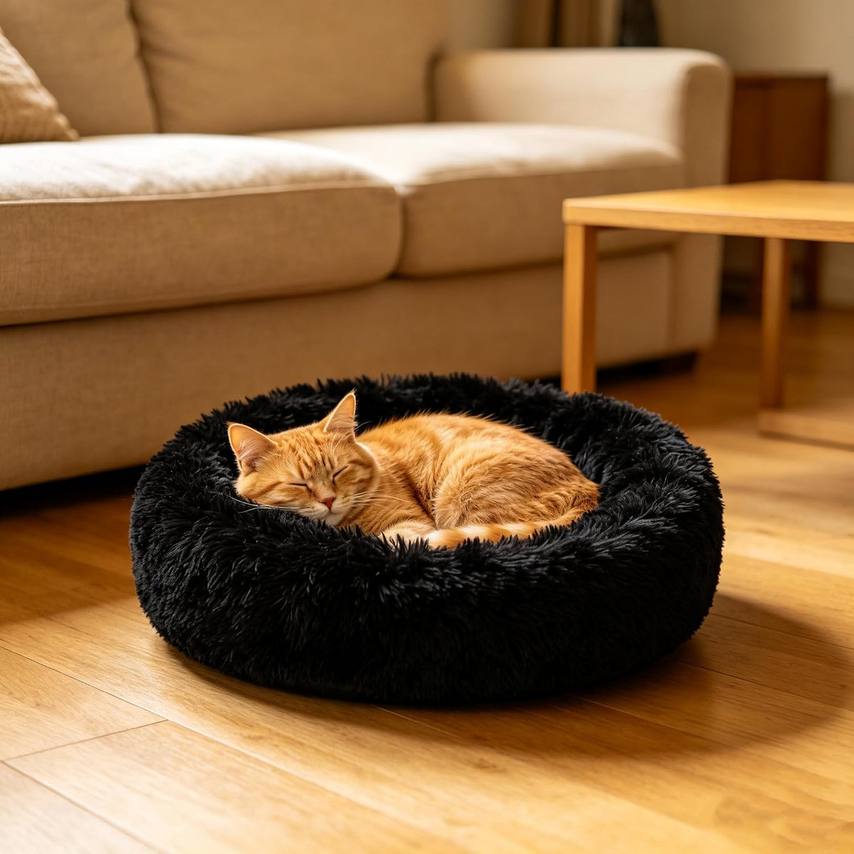 Fluffy Calming Cat Beds for Indoor Cats - Washable Round Dog Beds for Small Medium Dogs, Anti Anxiety Plush Faux Fur Pet Bed