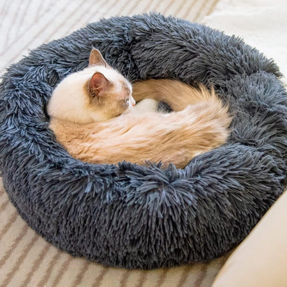 Fluffy Calming Cat Beds for Indoor Cats - Washable Round Dog Beds for Small Medium Dogs, Anti Anxiety Plush Faux Fur Pet Bed