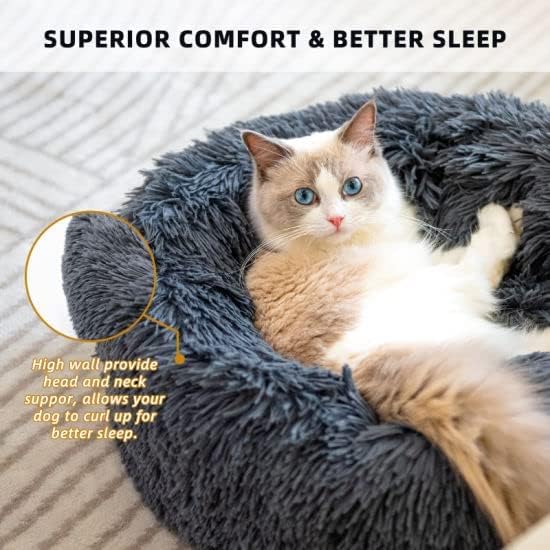 Fluffy Calming Cat Beds for Indoor Cats - Washable Round Dog Beds for Small Medium Dogs, Anti Anxiety Plush Faux Fur Pet Bed