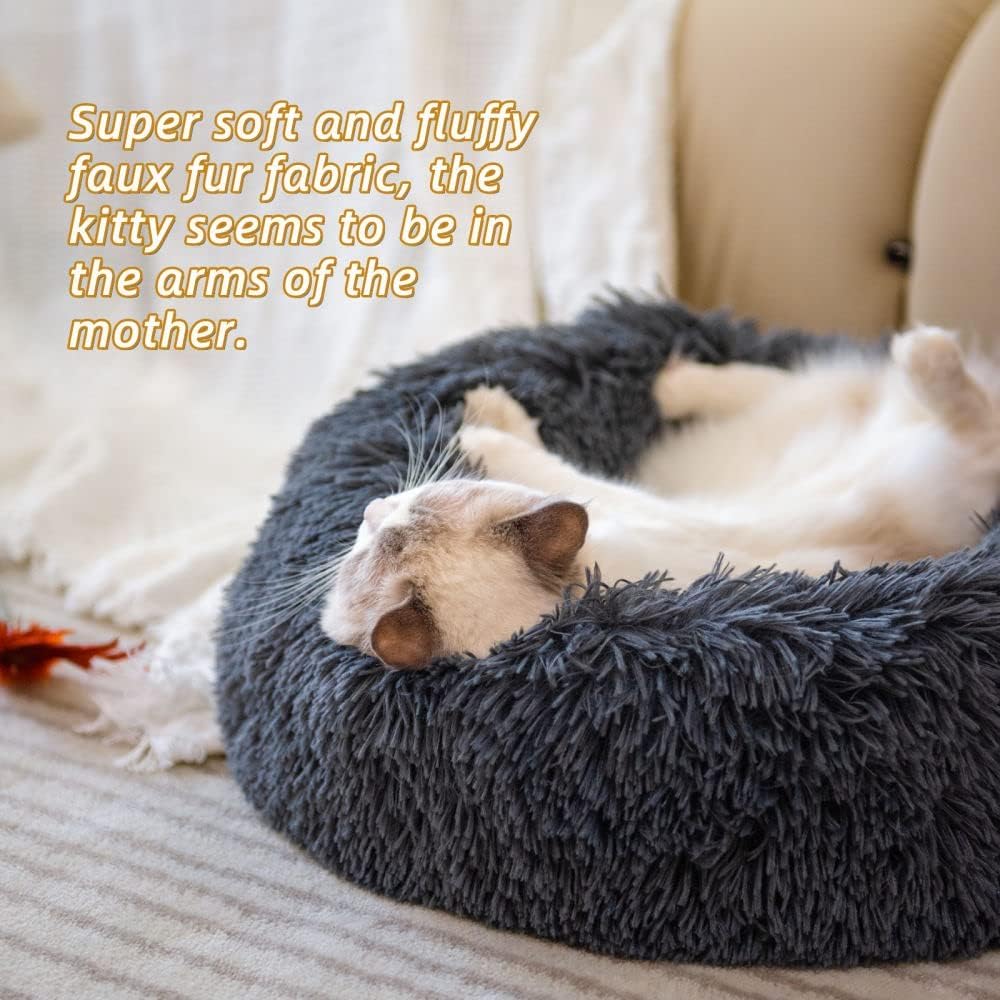 Fluffy Calming Cat Beds for Indoor Cats - Washable Round Dog Beds for Small Medium Dogs, Anti Anxiety Plush Faux Fur Pet Bed