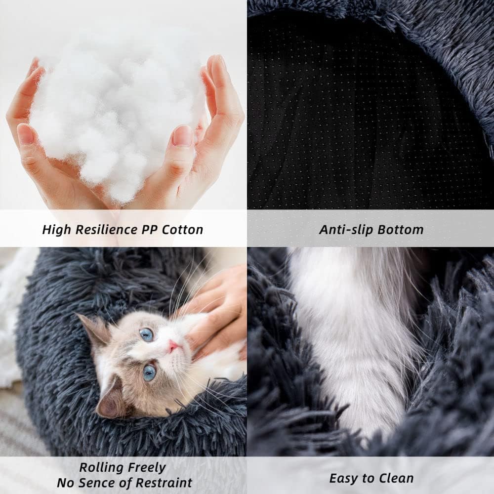Fluffy Calming Cat Beds for Indoor Cats - Washable Round Dog Beds for Small Medium Dogs, Anti Anxiety Plush Faux Fur Pet Bed