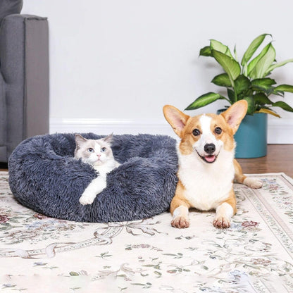 Fluffy Calming Cat Beds for Indoor Cats - Washable Round Dog Beds for Small Medium Dogs, Anti Anxiety Plush Faux Fur Pet Bed