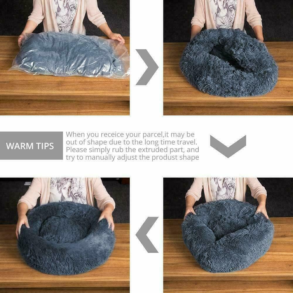 Fluffy Calming Cat Beds for Indoor Cats - Washable Round Dog Beds for Small Medium Dogs, Anti Anxiety Plush Faux Fur Pet Bed