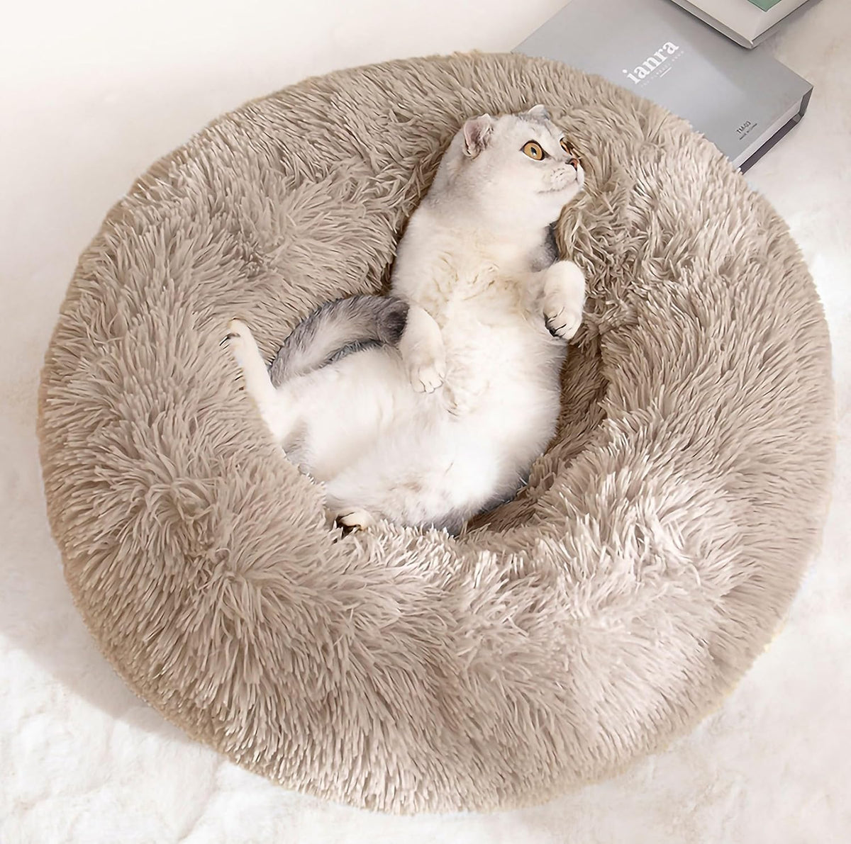 Fluffy Calming Cat Beds for Indoor Cats - Washable Round Dog Beds for Small Medium Dogs, Anti Anxiety Plush Faux Fur Pet Bed