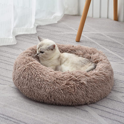 Fluffy Calming Cat Beds for Indoor Cats - Washable Round Dog Beds for Small Medium Dogs, Anti Anxiety Plush Faux Fur Pet Bed