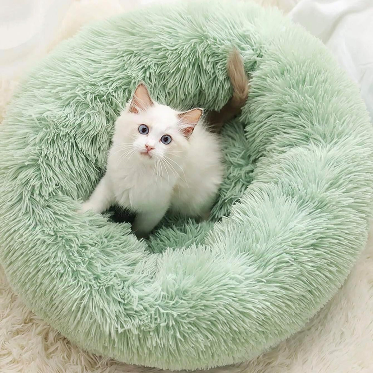Fluffy Calming Cat Beds for Indoor Cats - Washable Round Dog Beds for Small Medium Dogs, Anti Anxiety Plush Faux Fur Pet Bed