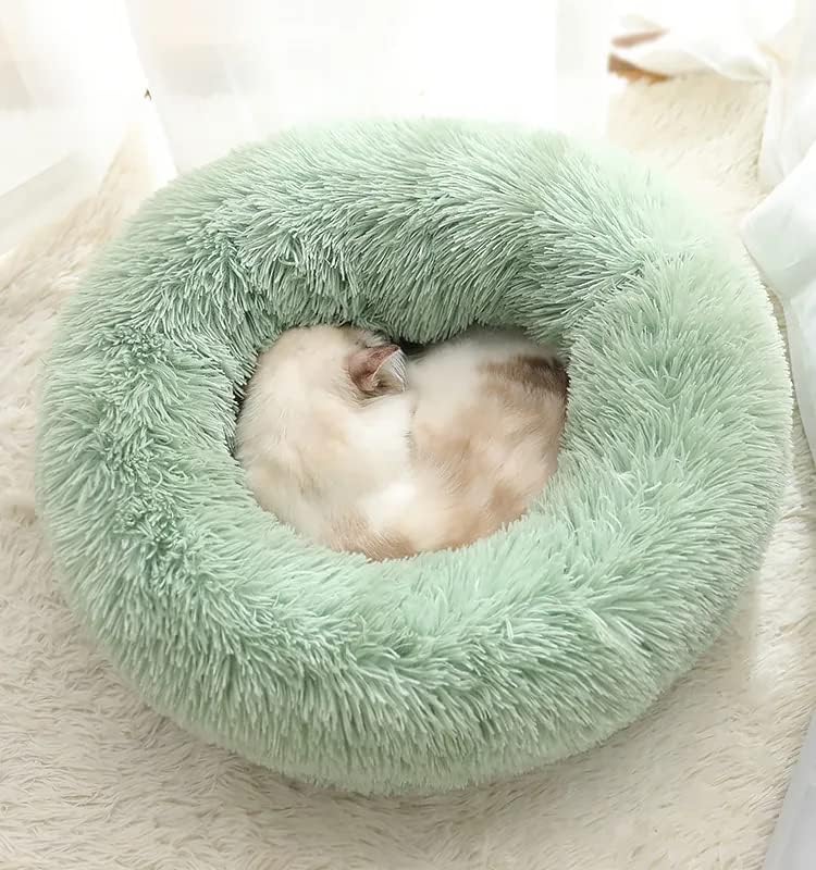 Fluffy Calming Cat Beds for Indoor Cats - Washable Round Dog Beds for Small Medium Dogs, Anti Anxiety Plush Faux Fur Pet Bed