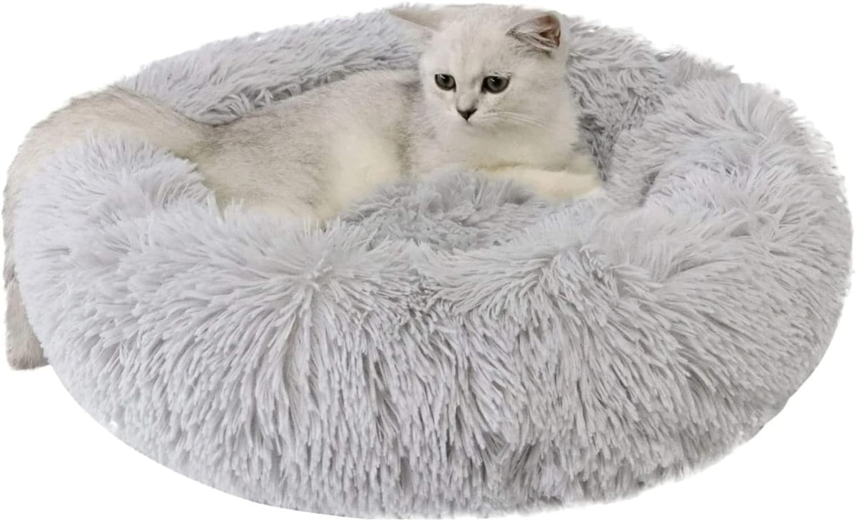 Fluffy Calming Cat Beds for Indoor Cats - Washable Round Dog Beds for Small Medium Dogs, Anti Anxiety Plush Faux Fur Pet Bed