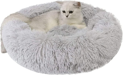 Fluffy Calming Cat Beds for Indoor Cats - Washable Round Dog Beds for Small Medium Dogs, Anti Anxiety Plush Faux Fur Pet Bed