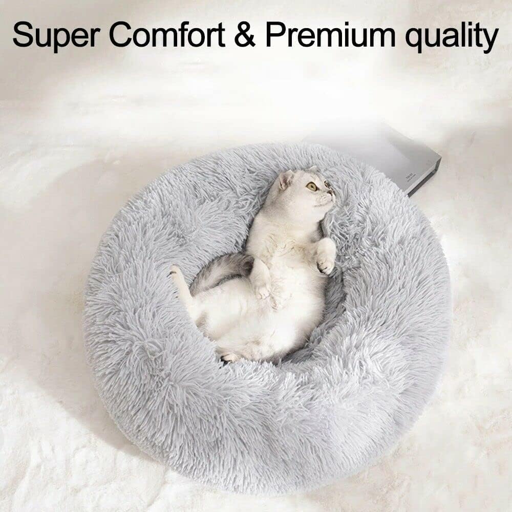 Fluffy Calming Cat Beds for Indoor Cats - Washable Round Dog Beds for Small Medium Dogs, Anti Anxiety Plush Faux Fur Pet Bed