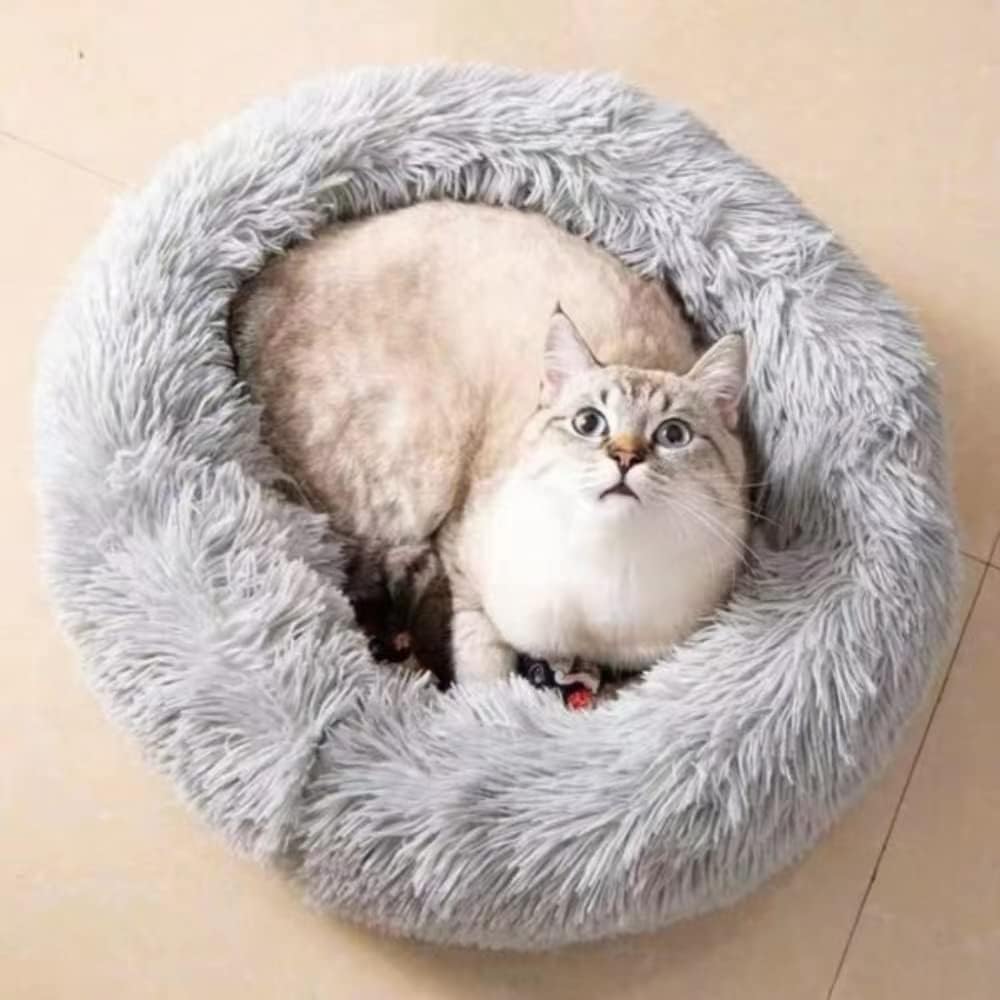 Fluffy Calming Cat Beds for Indoor Cats - Washable Round Dog Beds for Small Medium Dogs, Anti Anxiety Plush Faux Fur Pet Bed