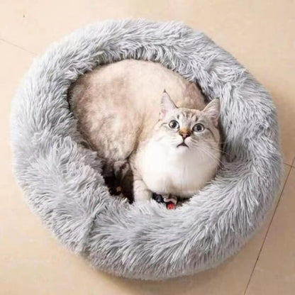 Fluffy Calming Cat Beds for Indoor Cats - Washable Round Dog Beds for Small Medium Dogs, Anti Anxiety Plush Faux Fur Pet Bed