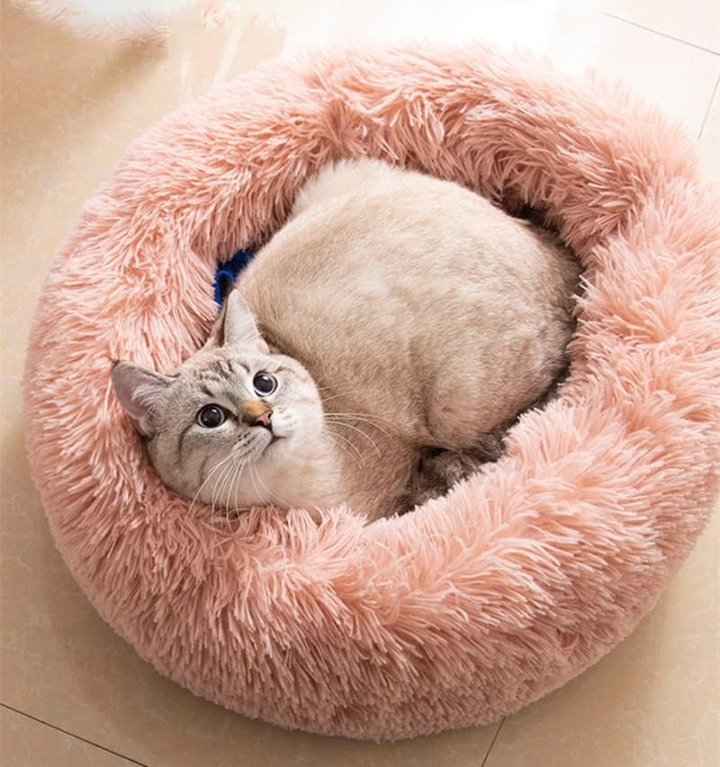 Fluffy Calming Cat Beds for Indoor Cats - Washable Round Dog Beds for Small Medium Dogs, Anti Anxiety Plush Faux Fur Pet Bed