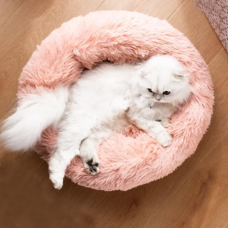 Fluffy Calming Cat Beds for Indoor Cats - Washable Round Dog Beds for Small Medium Dogs, Anti Anxiety Plush Faux Fur Pet Bed