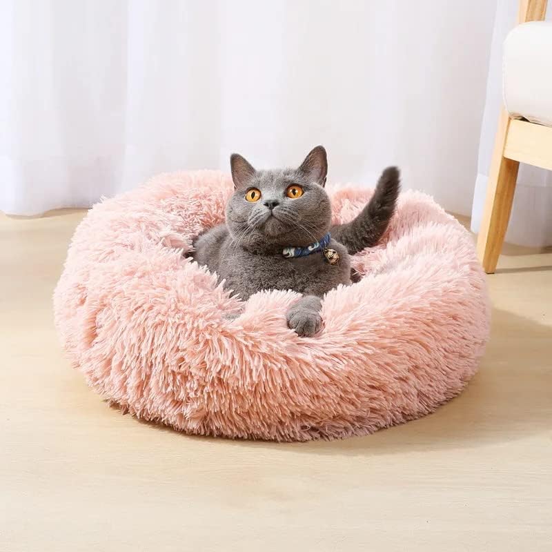 Fluffy Calming Cat Beds for Indoor Cats - Washable Round Dog Beds for Small Medium Dogs, Anti Anxiety Plush Faux Fur Pet Bed