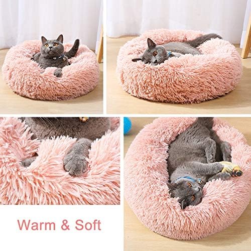 Fluffy Calming Cat Beds for Indoor Cats - Washable Round Dog Beds for Small Medium Dogs, Anti Anxiety Plush Faux Fur Pet Bed