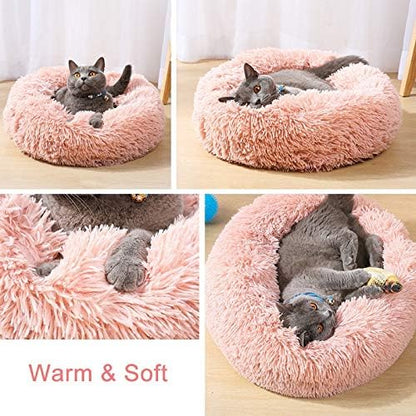 Fluffy Calming Cat Beds for Indoor Cats - Washable Round Dog Beds for Small Medium Dogs, Anti Anxiety Plush Faux Fur Pet Bed
