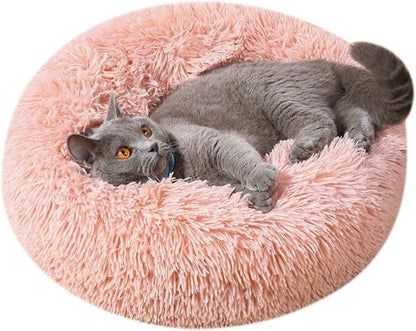 Fluffy Calming Cat Beds for Indoor Cats - Washable Round Dog Beds for Small Medium Dogs, Anti Anxiety Plush Faux Fur Pet Bed
