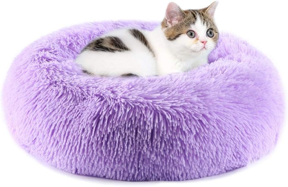 Fluffy Calming Cat Beds for Indoor Cats - Washable Round Dog Beds for Small Medium Dogs, Anti Anxiety Plush Faux Fur Pet Bed
