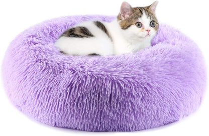 Fluffy Calming Cat Beds for Indoor Cats - Washable Round Dog Beds for Small Medium Dogs, Anti Anxiety Plush Faux Fur Pet Bed