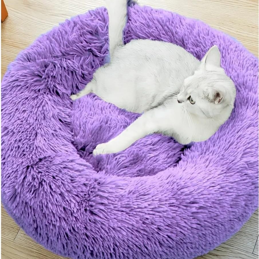 Fluffy Calming Cat Beds for Indoor Cats - Washable Round Dog Beds for Small Medium Dogs, Anti Anxiety Plush Faux Fur Pet Bed