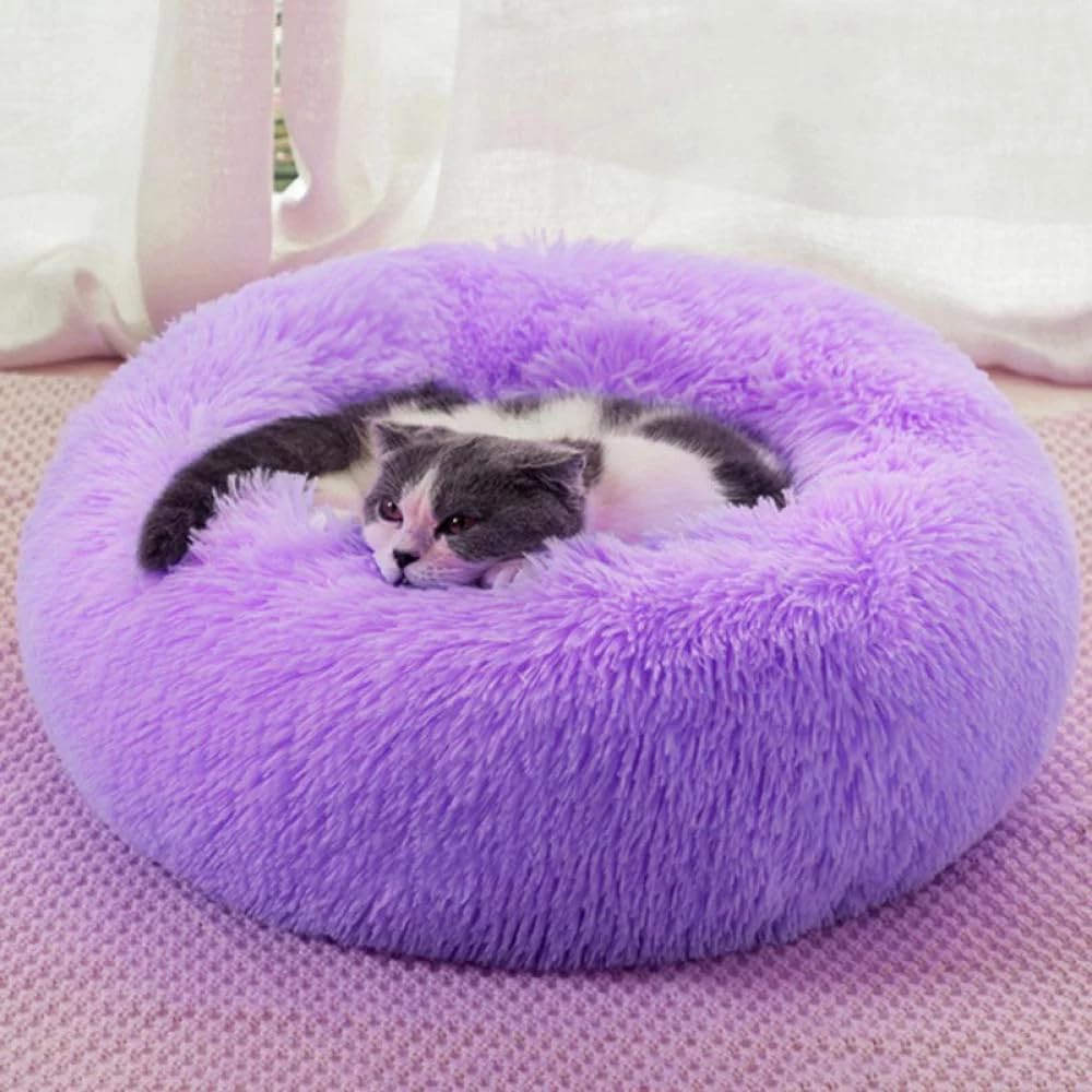 Fluffy Calming Cat Beds for Indoor Cats - Washable Round Dog Beds for Small Medium Dogs, Anti Anxiety Plush Faux Fur Pet Bed