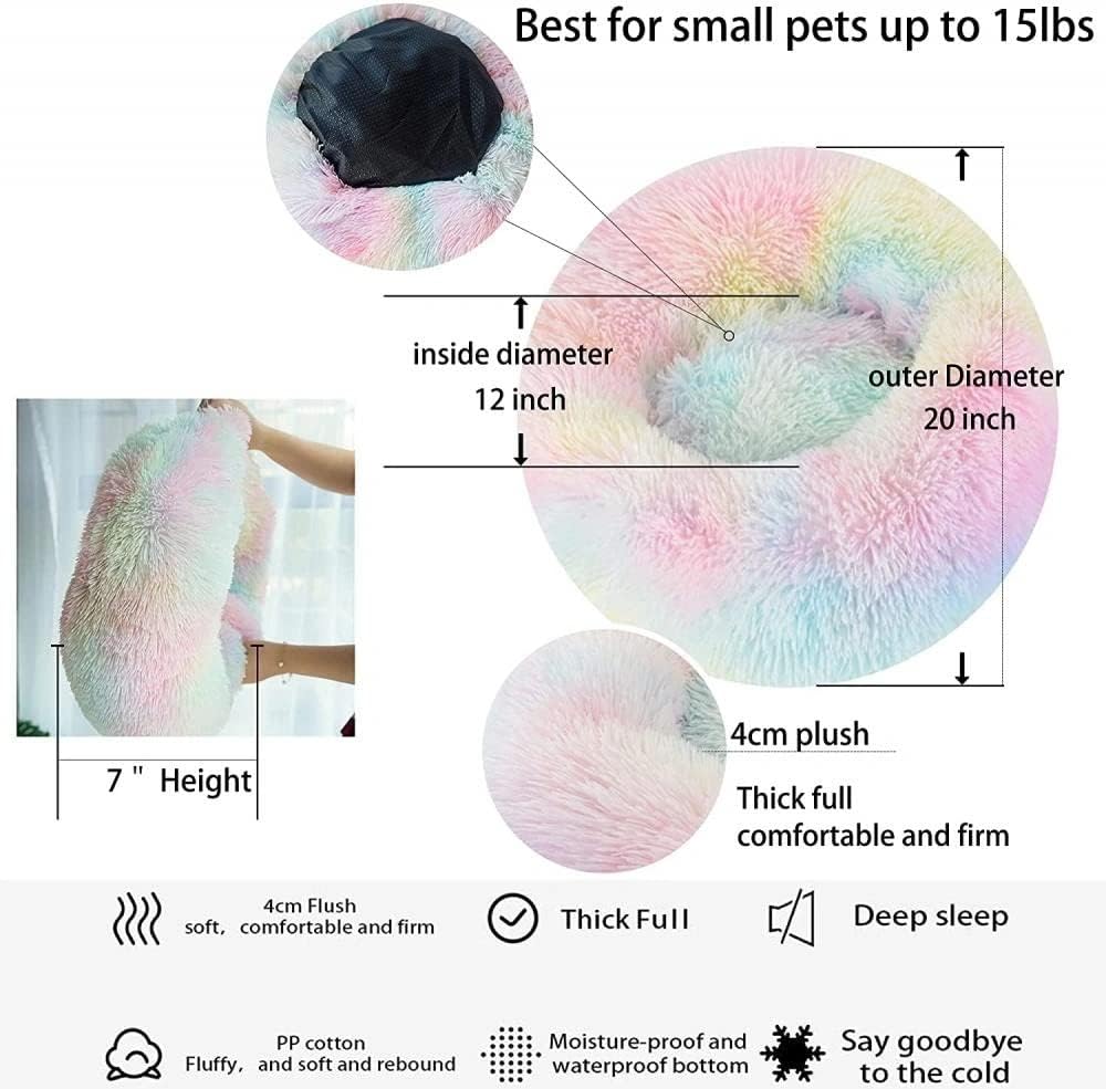 Fluffy Calming Cat Beds for Indoor Cats - Washable Round Dog Beds for Small Medium Dogs, Anti Anxiety Plush Faux Fur Pet Bed