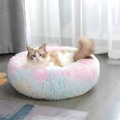 Fluffy Calming Cat Beds for Indoor Cats - Washable Round Dog Beds for Small Medium Dogs, Anti Anxiety Plush Faux Fur Pet Bed