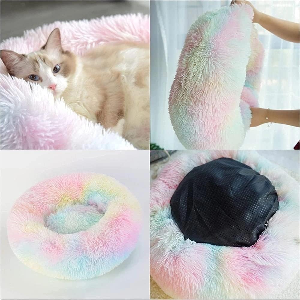 Fluffy Calming Cat Beds for Indoor Cats - Washable Round Dog Beds for Small Medium Dogs, Anti Anxiety Plush Faux Fur Pet Bed